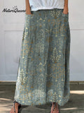 Woodland Vegetation Pattern Printed Women's Linen Elastic waistband Pocket Skirt