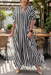 Striped V-neck Loose-fit Batwing-sleeve Maxi Dress
