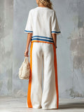 Women's Striped Color-block Loose Vacation Round Neck Short-sleeve Top And Wide-leg Pants Two-piece Set