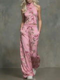 Stylish And Elegant Floral Print Sleeveless Top And Pants Two-piece Set