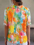Retro Watercolor Floral Cotton-linen Short-sleeve Shirt