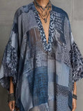 Blue Patchwork Print Sheer Kaftan Tunic Dress
