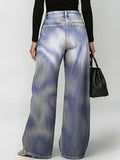 Women's Abstract Line Art Print Casual Stylish Hollow Denim Pants