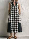 Black & White Gingham Patchwork Sleeveless Linen-cotton Shirt Dress