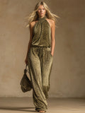 Leopard Print Sleeveless Top And Velvet Trousers Set