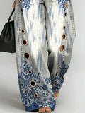 Women's Retro Floral Art Print Casual Stylish Hollow Denim Pants