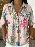 Women's Vintage Botanical Floral Casual Polo Collar Short-sleeved Linen And Cotton Shirt