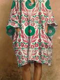 Women's Retro Cotton-linen Dress With Symmetrical Floral Pattern And Pockets