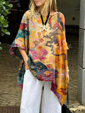 Women's Retro Art Print Casual Cotton Long Shirt
