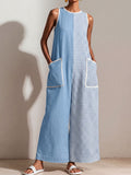 Women's Houndstooth Print Jumpsuit — Crew Neck Sleeveless Casual Loose-fit Cotton-linen Blend Wide-leg