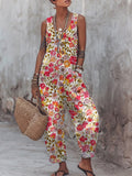 Women's Vintage Flower Art Print Casual Jumpsuit