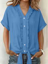 Women's Solid-Color Cotton-Linen Casual Short-Sleeve Button-Down Shirt with Ruffled Trim