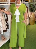 Elegant Contrast-trim Tie-detail Chiffon Longline Blouse