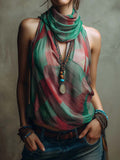 Women's Stand-collar Sleeveless Loose-fit Casual Plaid Top