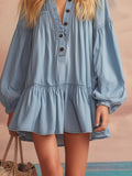 Elegant Western Loose V-neck Front Button Ruffled Hem Light Blue Denim Mini Dress