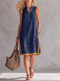 Women's V-neck Sleeveless Casual Loose Cotton-linen Dress