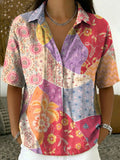 Women's Vintage Botanical Floral Casual Polo Collar Short-sleeved Linen And Cotton Shirt