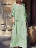 Women's Round Neck Solid Color Cotton And Linen Long Sleeve Pocket Casual Pleated Dress