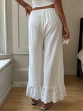 Women's White Lace-trimmed Wide-leg Pants — Loose-fit Casual Trousers (lightweight)