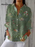 Women'sVintage Floral Art Print Casual Linen V-neck Shirt