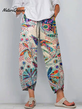 Women's Vintage Lovely Floral Bird Art Printed Cotton And Linen Casual Pants