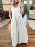 Women's Solid Color Loose Elegant Casual Cotton Linen Suspender Jumpsuit