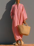 Women's Blush Pink Linen Dress With Three-Quarter Sleeves & Maxi Length, Timeless Resort-Casual Style Dress MDZ2250A5I