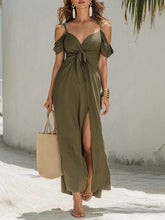 Olive Green Cold Shoulder Tie-front Linen Cotton Maxi Dress