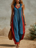 Women's V-neck Sleeveless Casual Loose-fit Hooded Wide-leg Jumpsuit