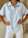 Artistic Cut Striped Cotton-linen Polo Collar Shirt Blouse