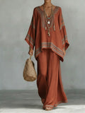 Women's Comfortable and loose print pattern cotton and linen wide-leg pants two-piece set