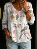 Pastoral-style Floral & Bird Print Shirt — Loose-fit, Breathable V-neck Top With 3/4 Sleeves (versatile Style)