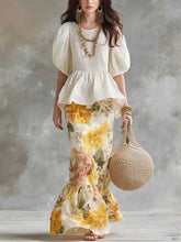Women's Puff Sleeve Top With Vintage Floral Half-length Skirt Set