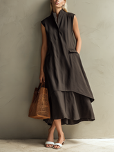 Dark Brown Linen Cotton Two-piece Midi Dress Set (stand Collar Sleeveless Tunic + Lined Skirt)