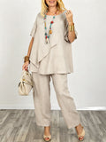 Casual Linen And Cotton Two-piece Top And Pants Set