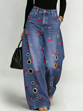 Vintage Cherry Decorative Pattern Women's Casual Cotton Denim Pants