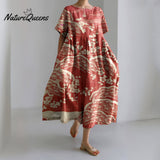 Japanese Art Plum Blossom Printed Crew Neck Casual Midi Dress