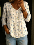 Women's Cute Flower Print Casual Cotton Shirt