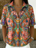 Women's Vintage Botanical Floral Casual Polo Collar Short-sleeved Linen And Cotton Shirt