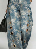 Women's Retro Floral Art Print Casual Stylish Hollow Denim Pants