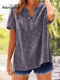 Women's Vintage Botanical Floral Button Design V-Neck Short Sleeve Shirt