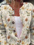 Watercolor Garden Floral Pattern Printed Buttoned Cardigan Sweater
