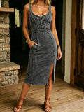 Women's Casual Slit Sleeveless Zipper Denim Dress