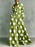Women's Polka Dot Print Shirt-collar Long-sleeve Casual Loose A-line Dress