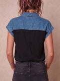 Women's Short-sleeve Casual Loose Top With Shirt Collar And Denim Splicing