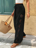 Wide-leg Pants With Side Cutout Floral Details, Drawstring, And Elastic Waist