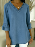 Cozy Ruffled V-neck Denim Cotton Top