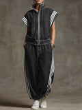 Women's Stand-collar Short-sleeved Casual Loose Denim Top And High-waisted Wide-leg Jeans Set.