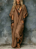 Women's Solid-color V-neck 3/4-sleeve Casual Loose Cotton-linen Dress