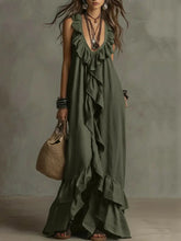 Women's Casual Bohemian V-neck Short Sleeve Ruffle Vintage Dress